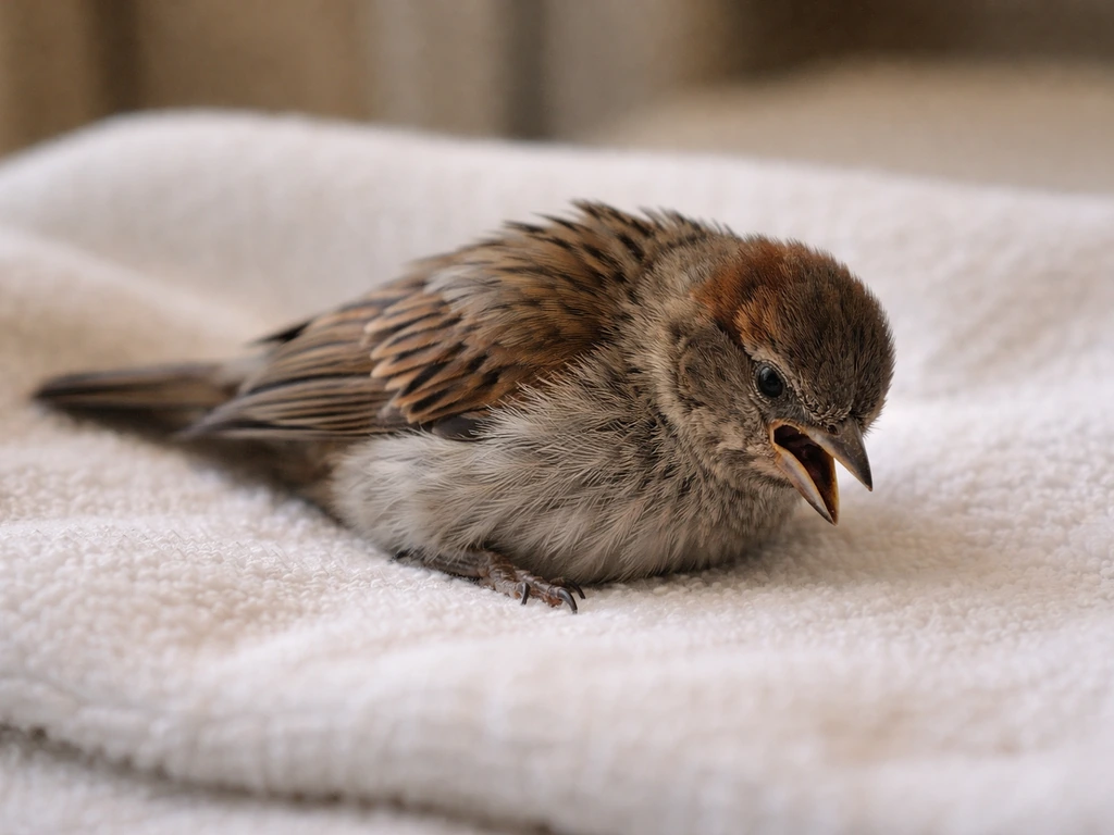 Close-up of an injured small bird with open mouth and drooped head, appearing unable to hold it up.