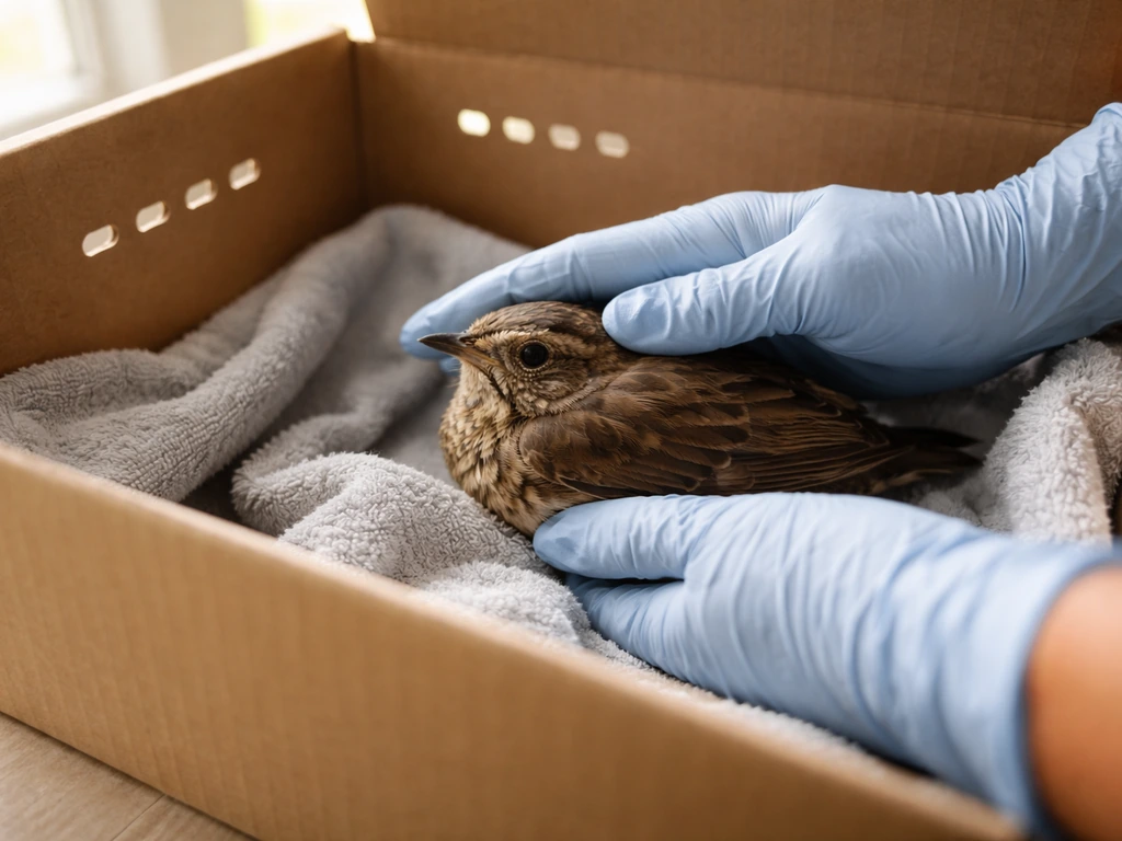 Rescued wild bird gently stabilized in a small ventilated box with soft cloth lining