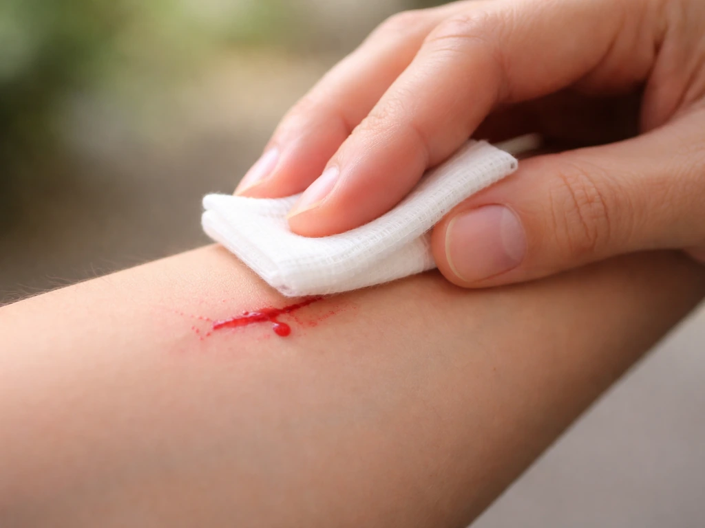 Close-up of a hand gently pressing a clean cloth over a small bleeding wound on the forearm.
