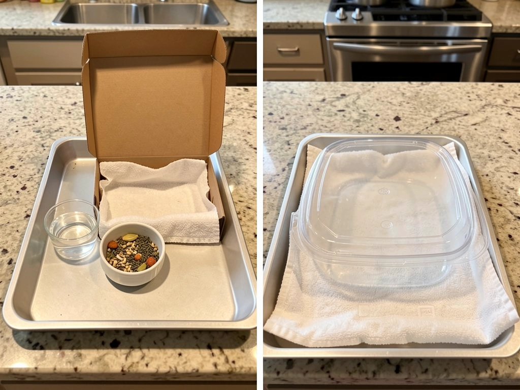 Side-by-side illustration of forbidden food/water vs. correct contained setup