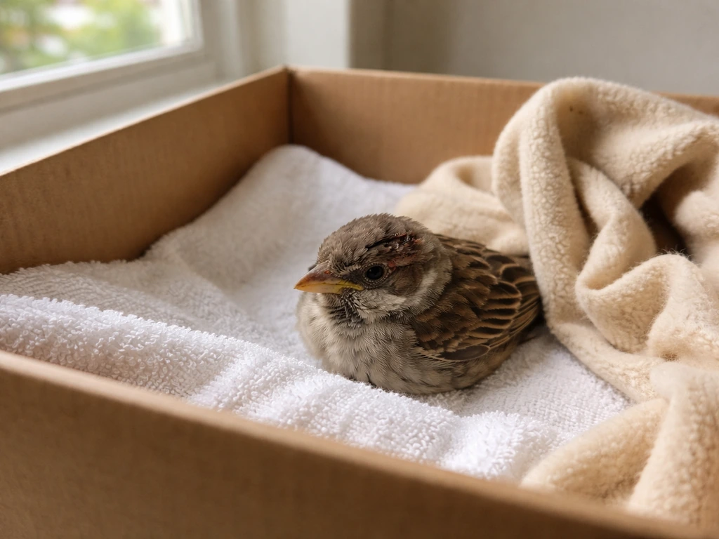 Close-up of a small injured wild bird resting on a lined box with a warm cloth nearby.
