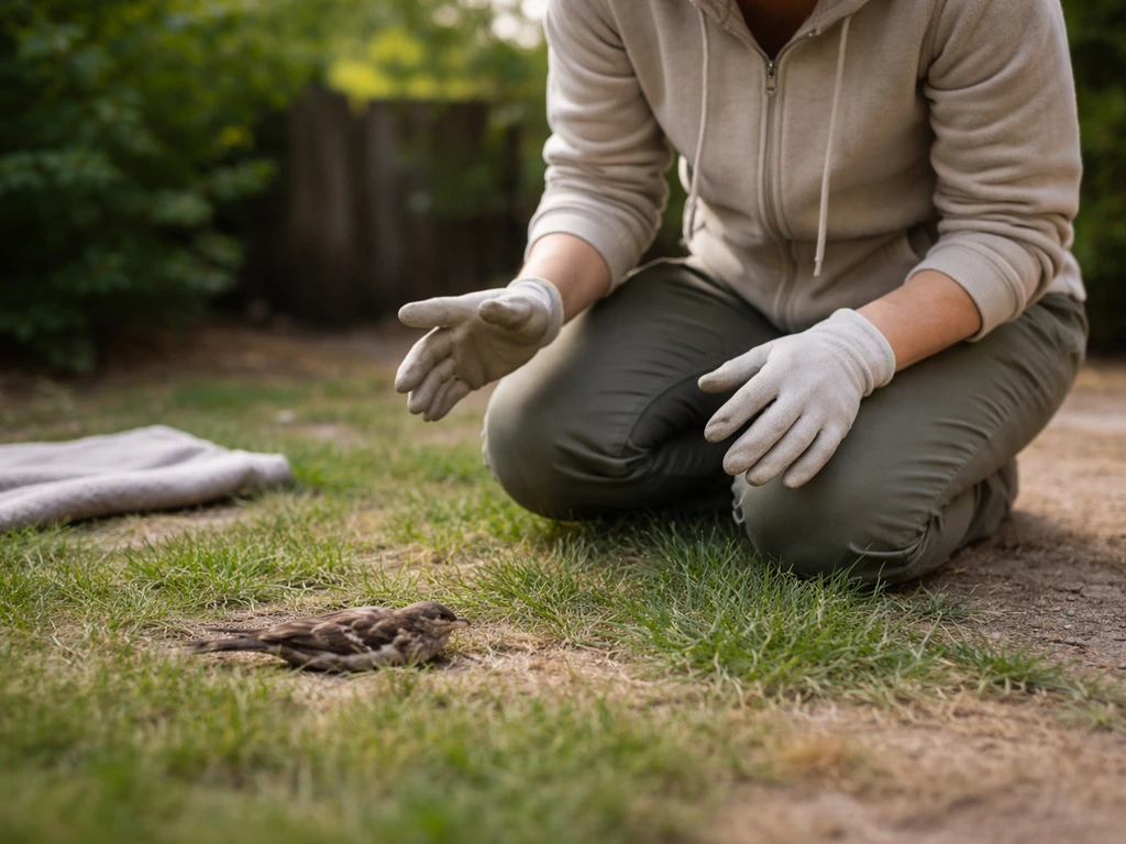Person kneels nearby to assess an injured wild bird before picking it up, outdoors in natural light.