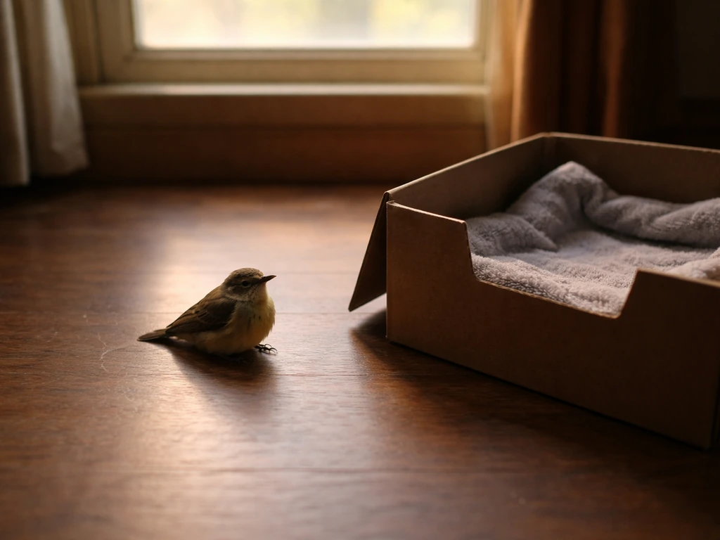 Stunned small bird upright on the floor under a window beside a dark warm box for care.