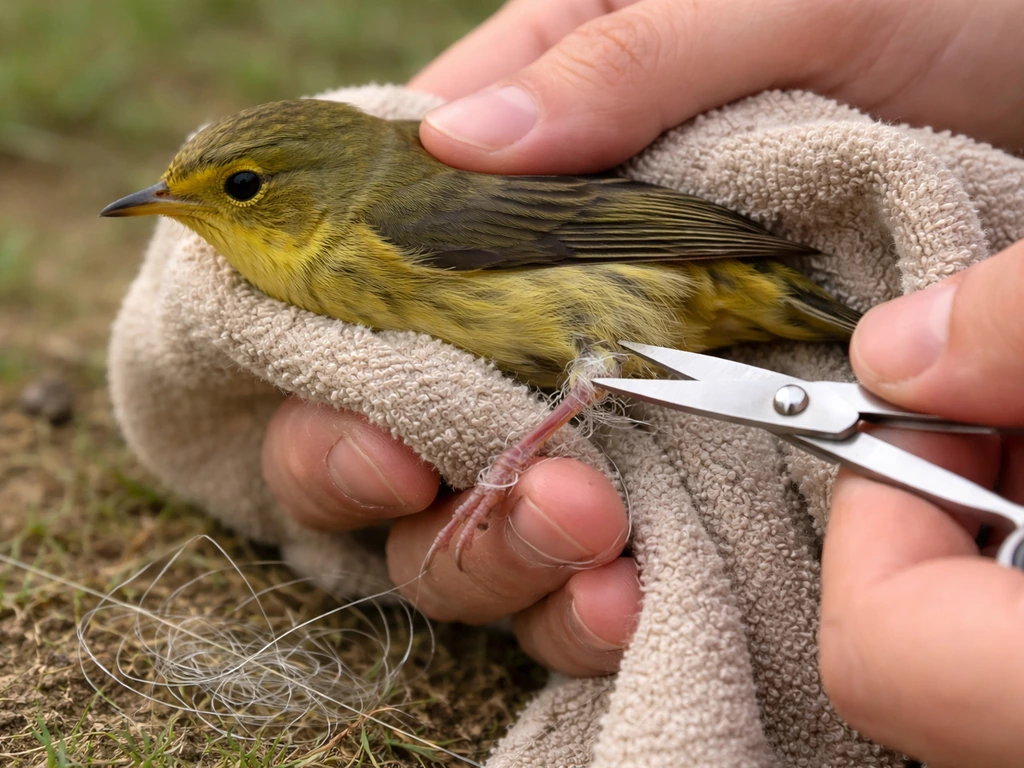 Hands cutting visible fishing line entangled around a small bird’s leg, with no twisting.