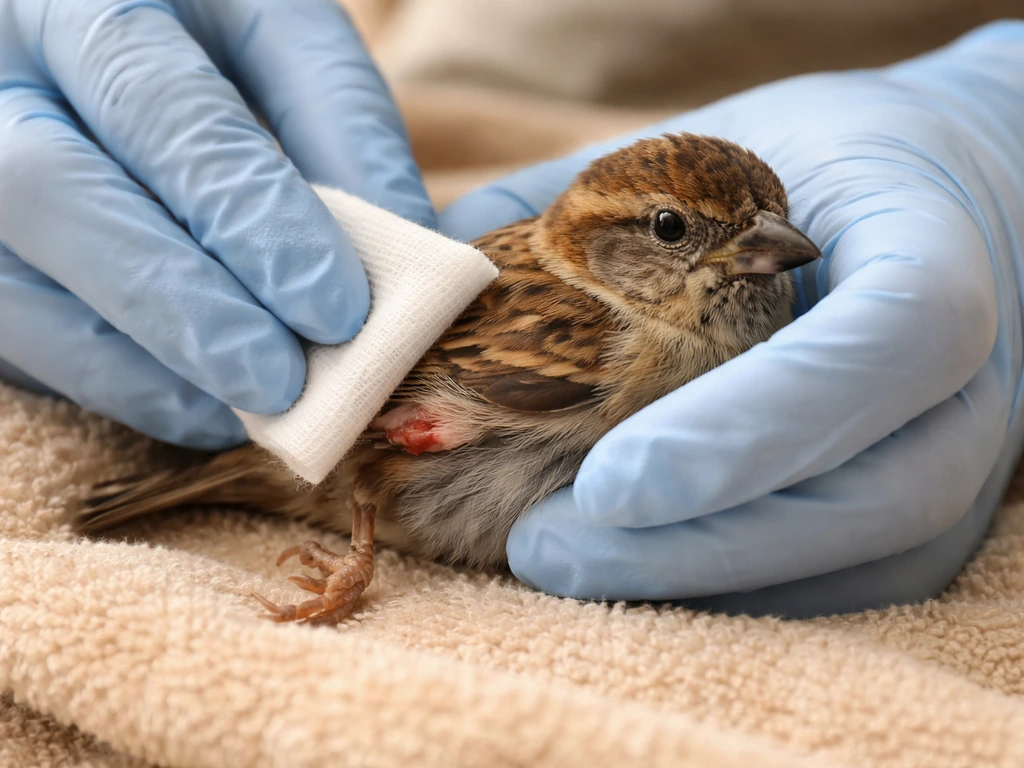 Gloved hands gently holding clean gauze to a small wound on a bird’s leg, safe first aid close-up.