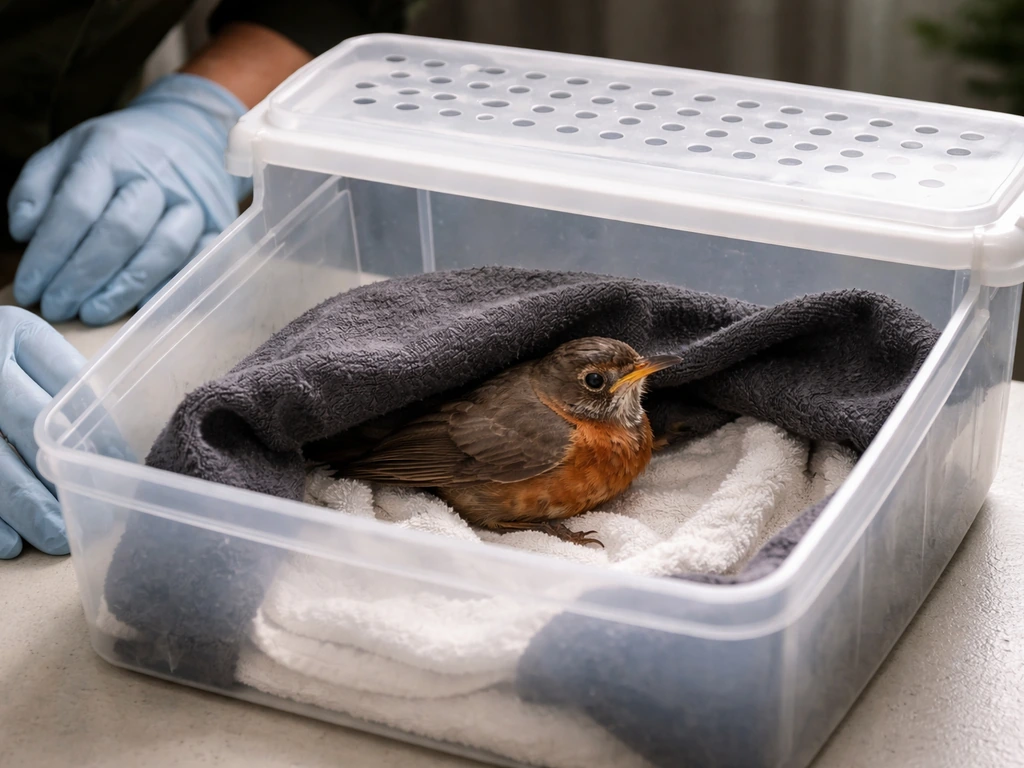Injured wild bird resting in a ventilated recovery container under a dark towel, with gloved hands nearby.