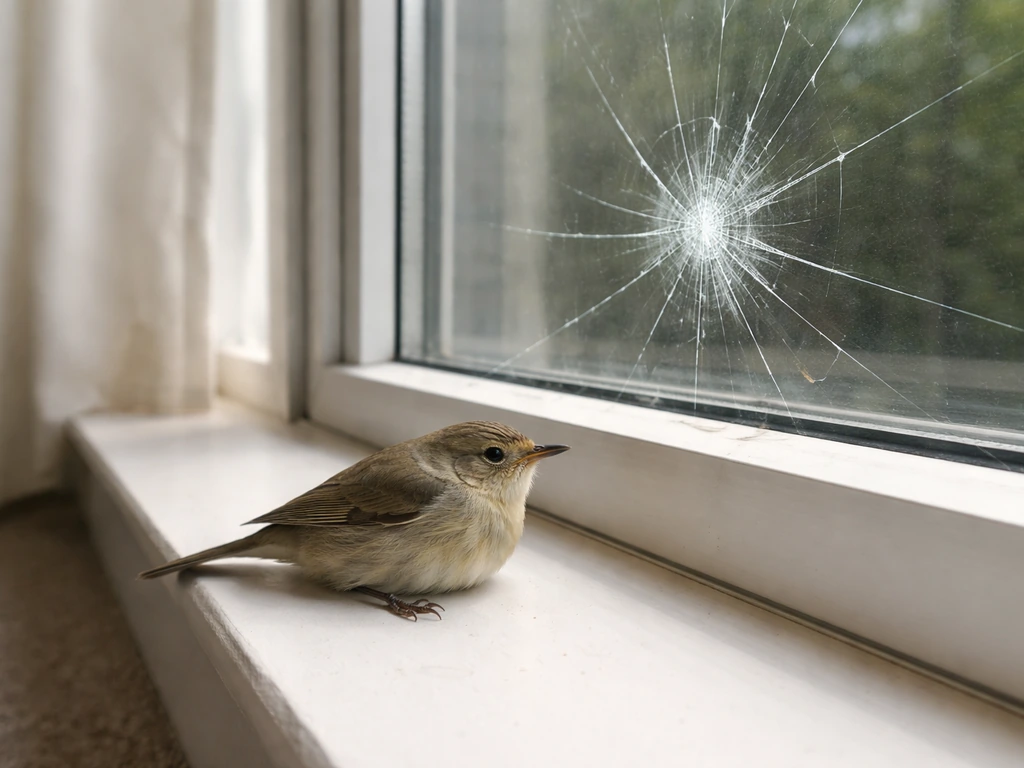 Small bird perched beside a cracked window, showing collision context in a quiet indoor setting