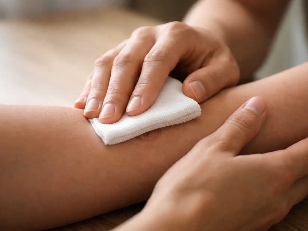 Hands holding clean gauze firmly on an open forearm wound, calm, minimal close-up.