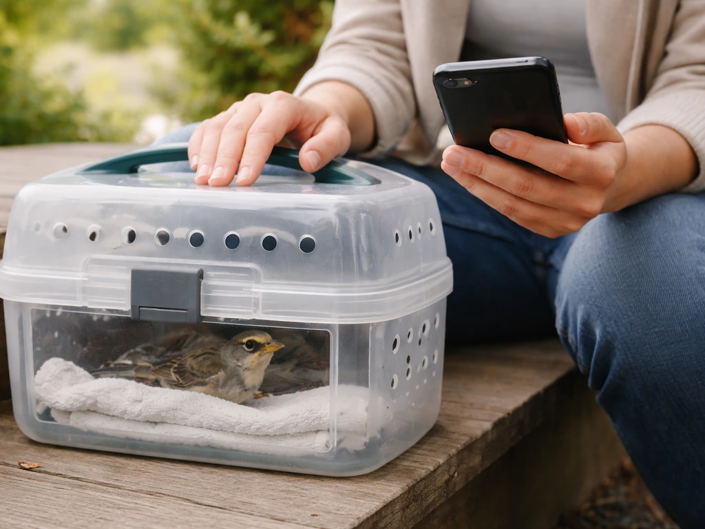 Small bird in a ventilated carrier outdoors while hands prepare to call for the right authority