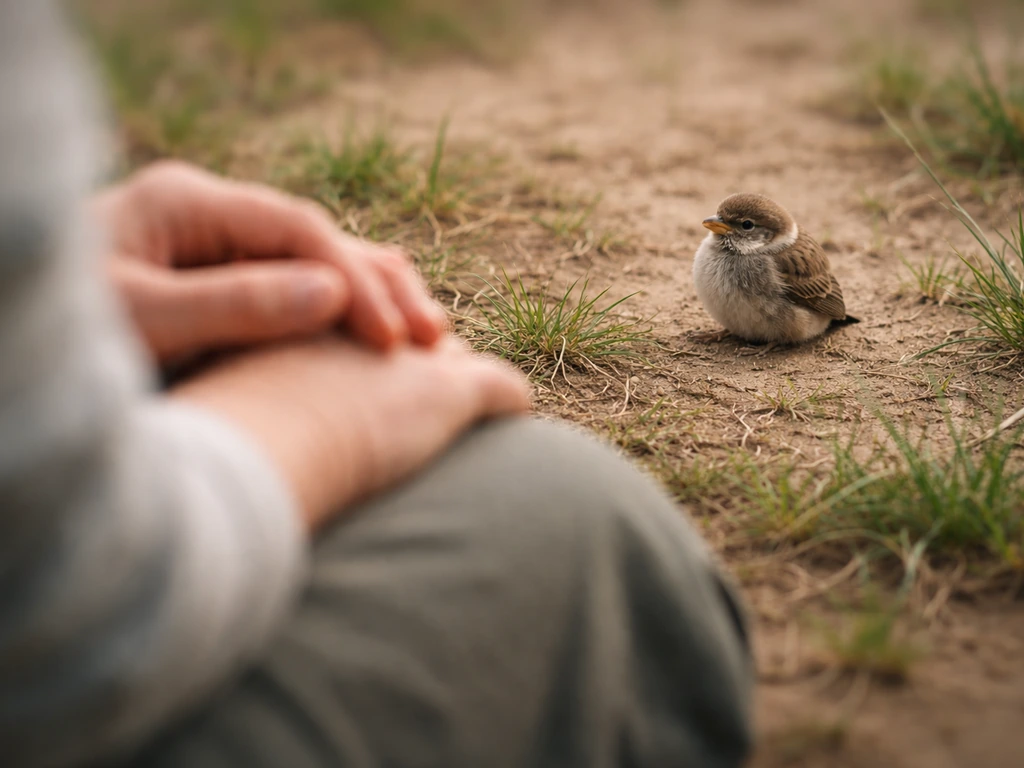 Anonymous person watching a small fledgling bird on the ground from a safe distance before calling for help.