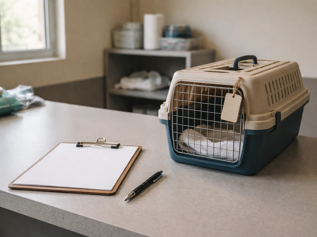 Animal shelter intake desk with a clipboard and a “found bird” carrier ready for a found pet bird