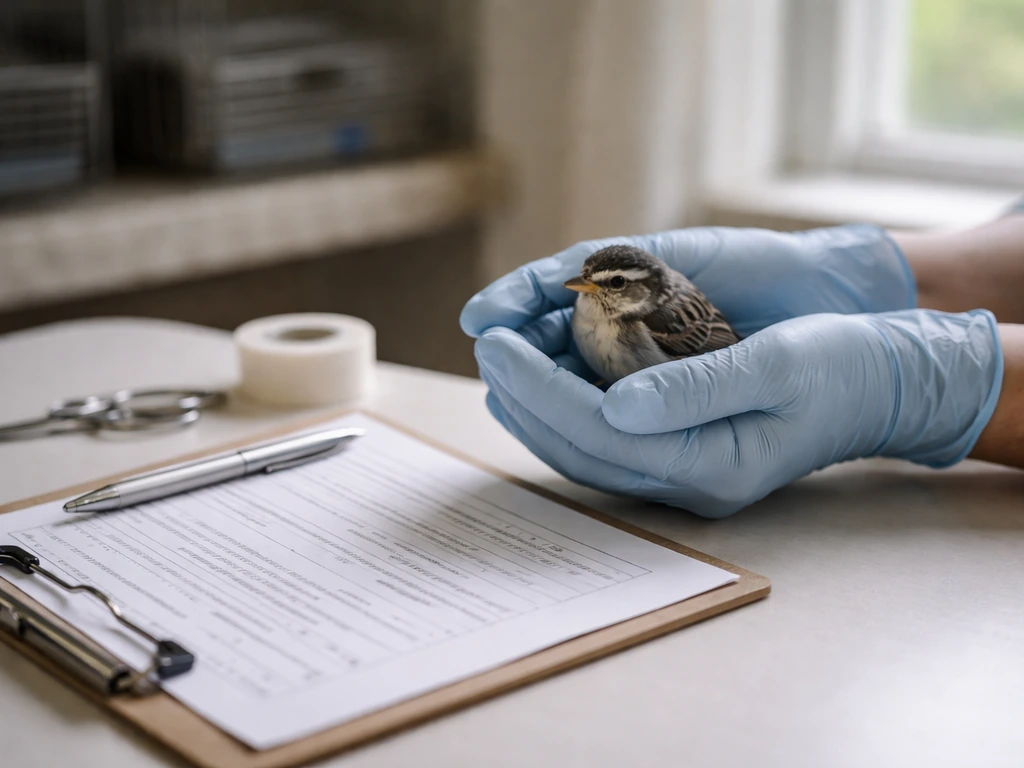Gloved rehabilitator gently holds a small rescued wild bird beside paperwork in a quiet rehab room.
