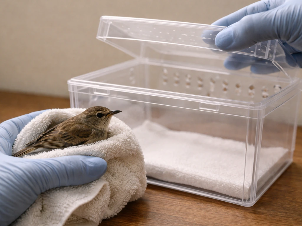 Gloved hands place a stunned bird into a ventilated recovery box after a window collision.