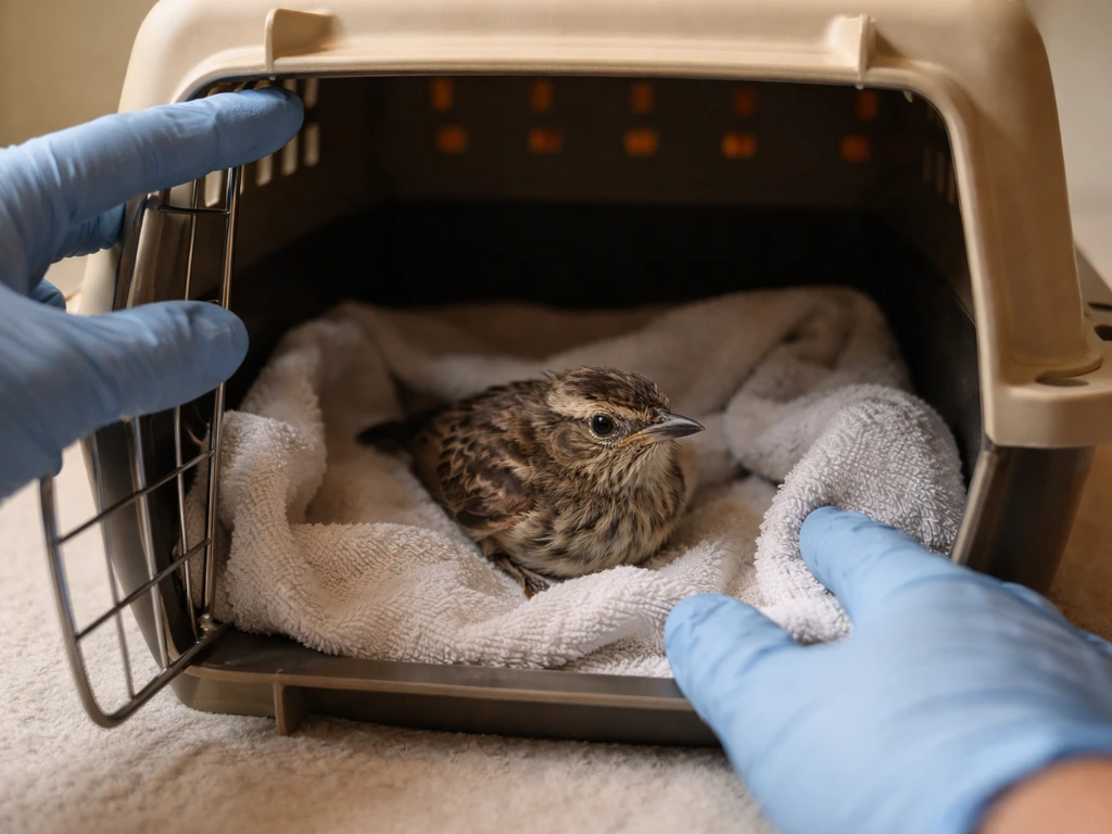 Rescuer’s hands gently placing an injured wild bird into a dark, warm transport box