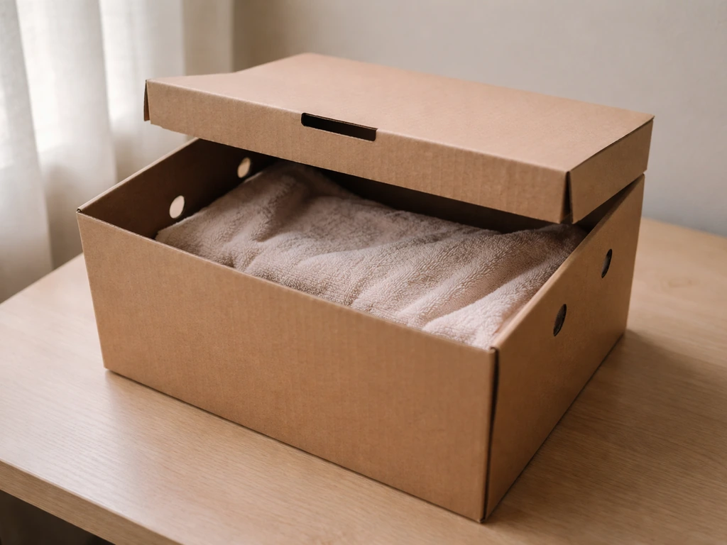 Dark cardboard transport box with a closed lid and folded towel lining, set up for bird first aid.