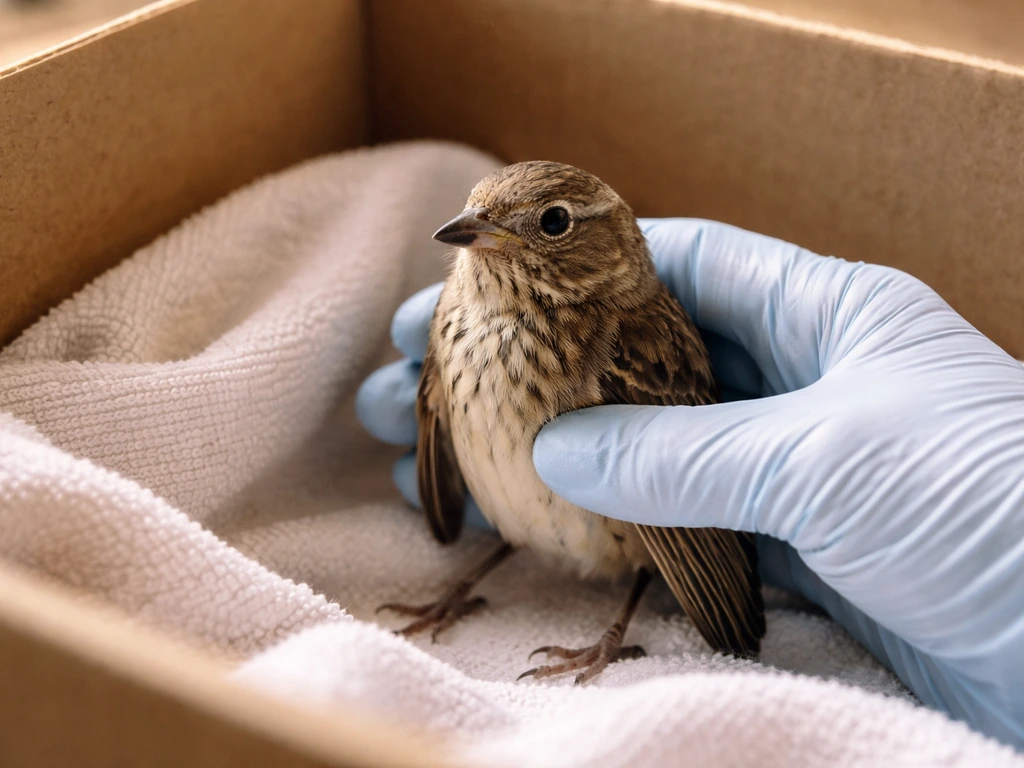 Rescuer supports an injured bird upright in a simple cardboard box with soft padding.