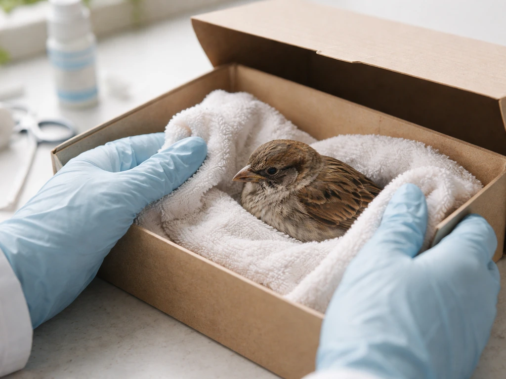Gloved hands carefully containing an injured bird in a towel-lined box after pet contact.