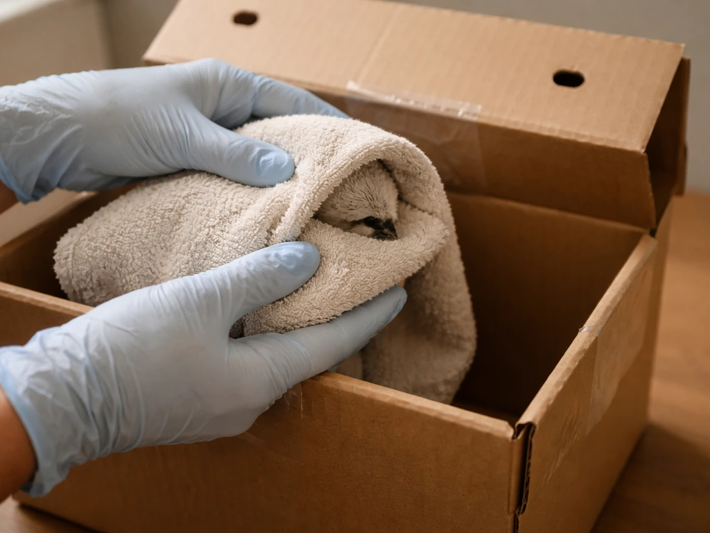 Gloved hands gently wrapping a small wild bird in a towel and placing it into a taped shut box.
