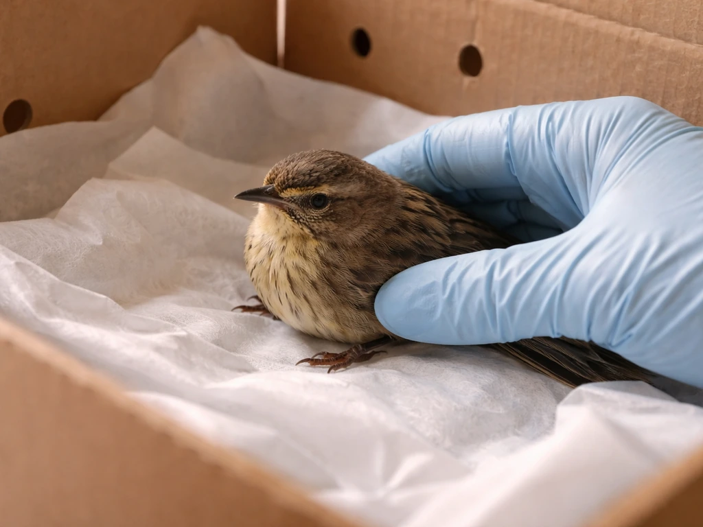 A small songbird stabilized gently inside a ventilated cardboard box for safe first-aid triage.