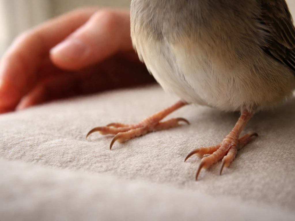 Close-up of a calm bird’s legs and feet, one foot’s toes visible for gentle, careful comparison.