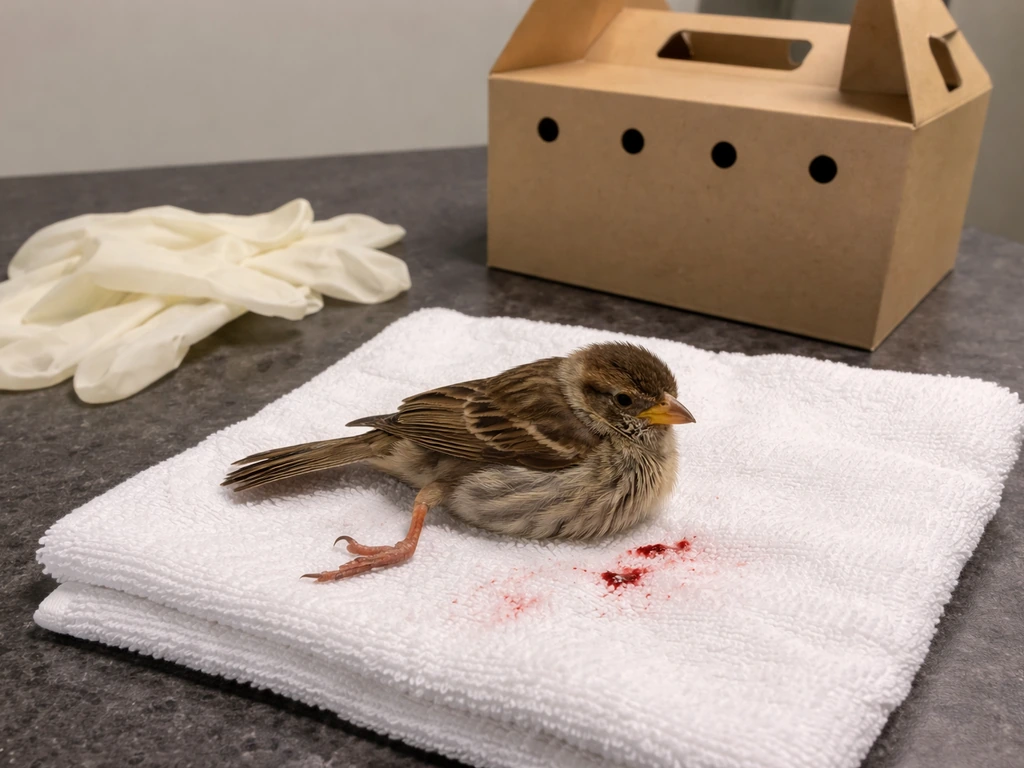 Injured small wild bird on a towel with bent leg, gloves and a carrier nearby for urgent vet care.