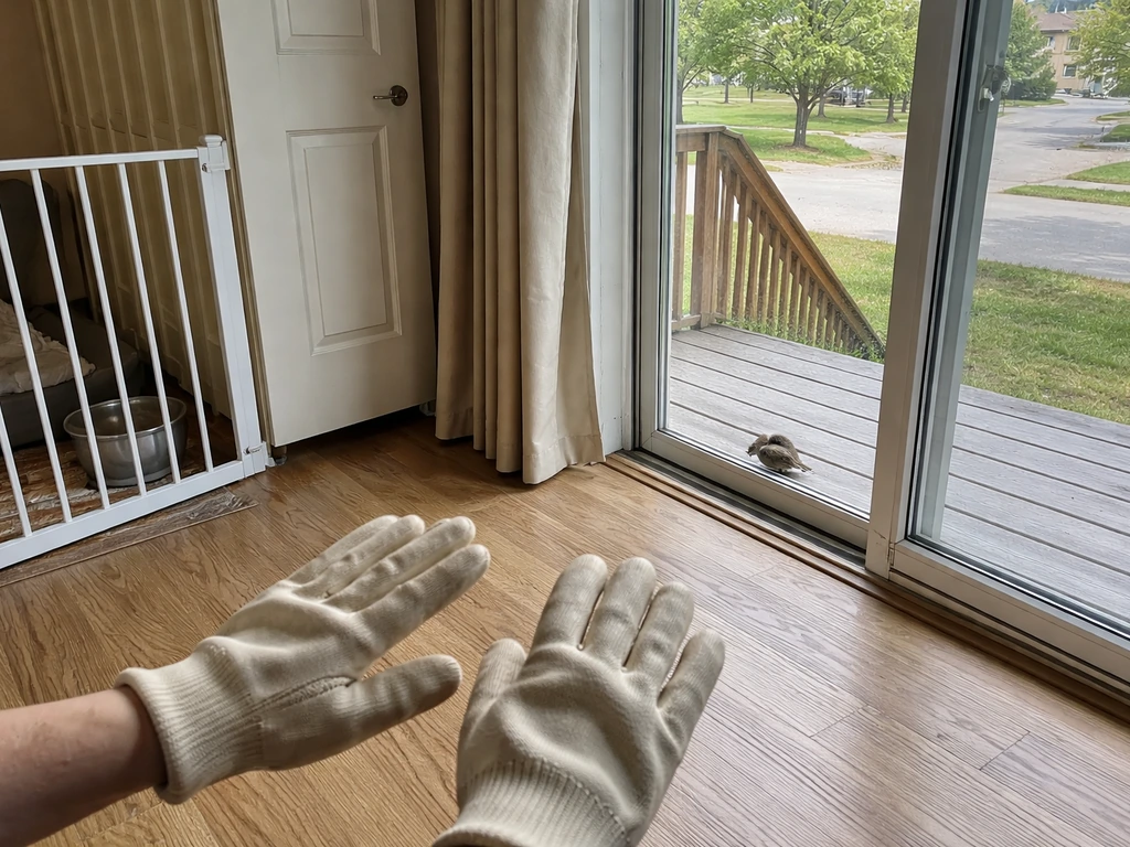 Gloved hands stay back near a window deck while an injured small bird sits safely away.