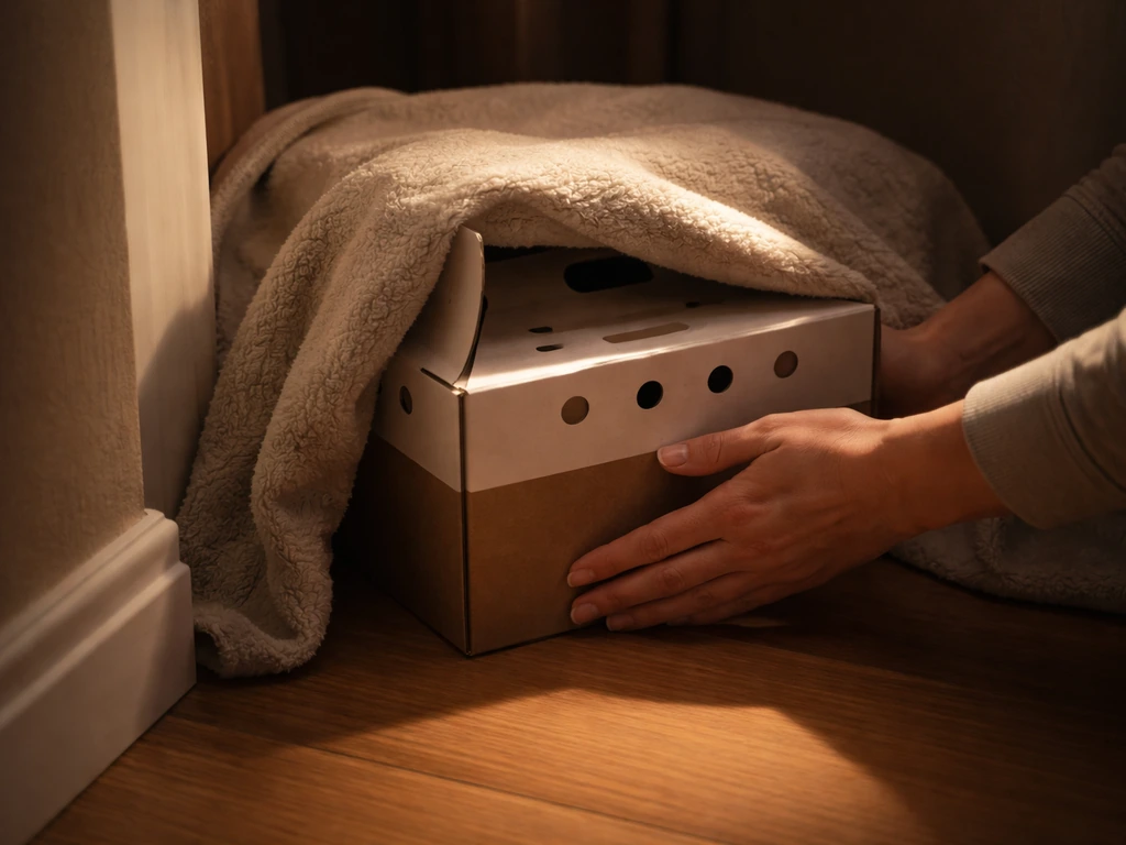 Warm, semi-dark room corner with a bird box carefully stabilized and a hand steadying it.