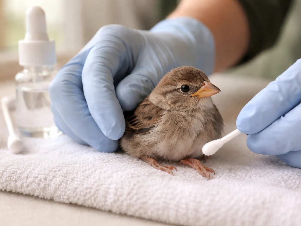Gloved hands gently applying safe first aid to a small bird’s leg wound on a clean towel.