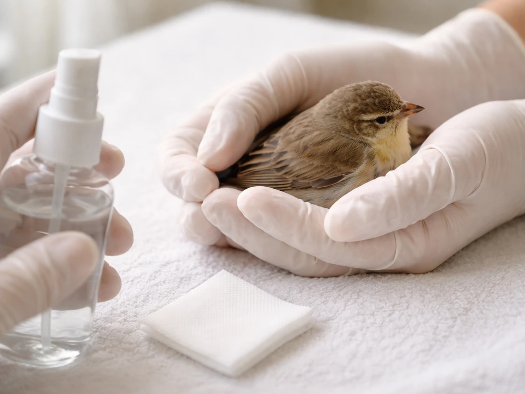 Close view of a small bird being gently handled beside a damp sterile gauze, avoiding eyes and beak