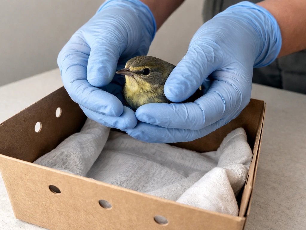 Gloved hands gently placing a small bird into a clean ventilated recovery box.