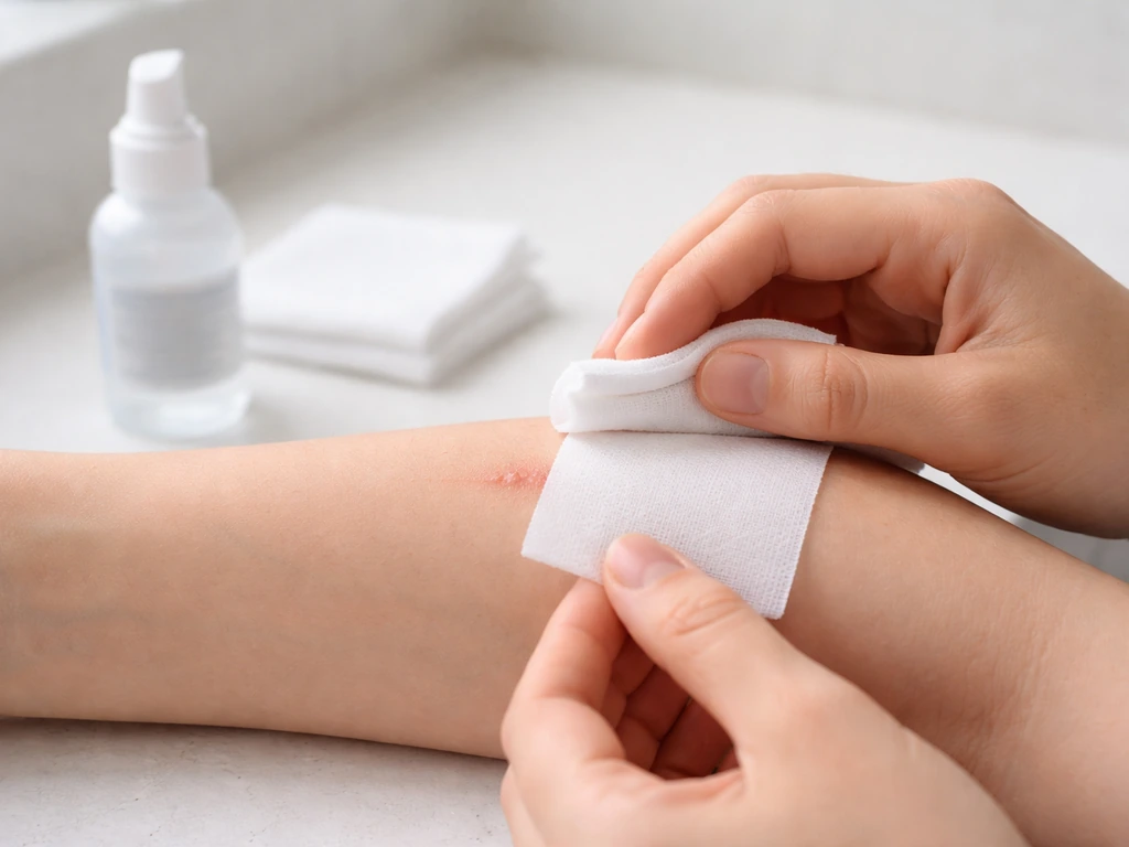 Hand with a shallow scraped skin area being gently flushed with sterile saline, then patted dry and covered loosely.