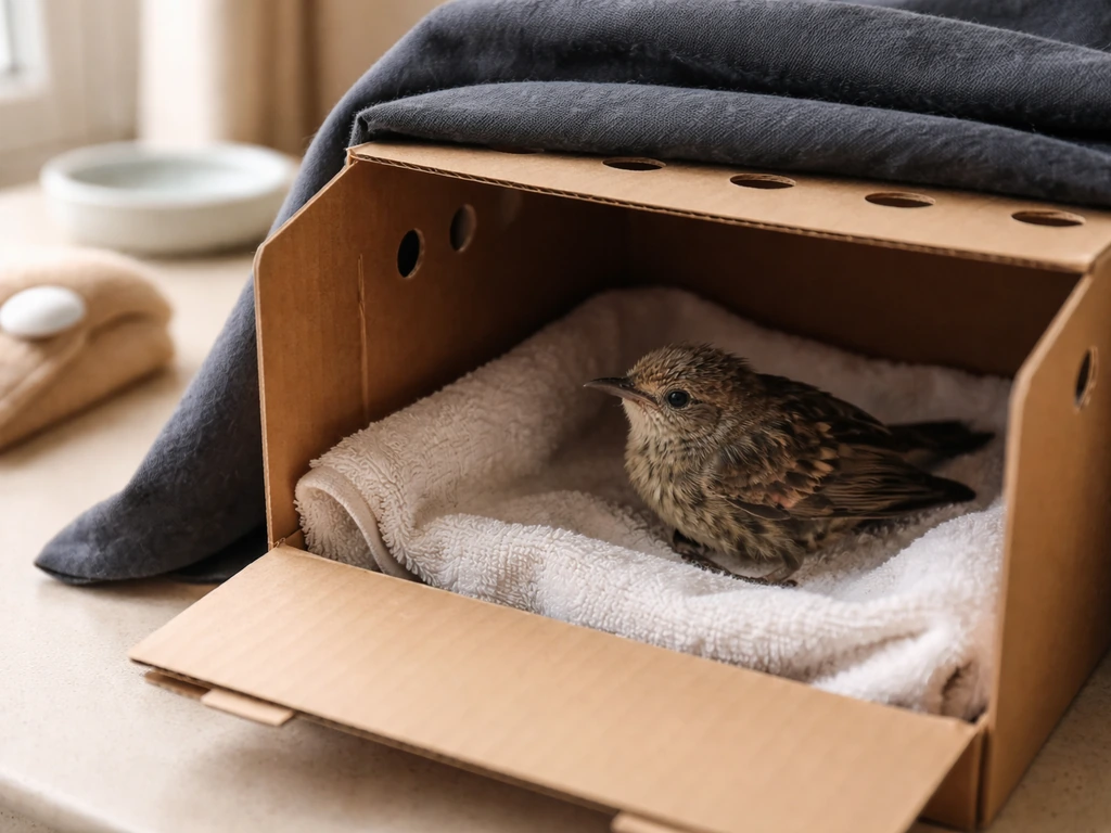 An injured wild bird safely placed in a warm dark recovery box with a soft towel for first aid.