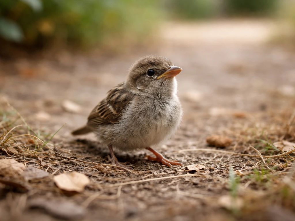 A small wild bird on the ground in a quiet yard, showing alert, hopping fledgling posture