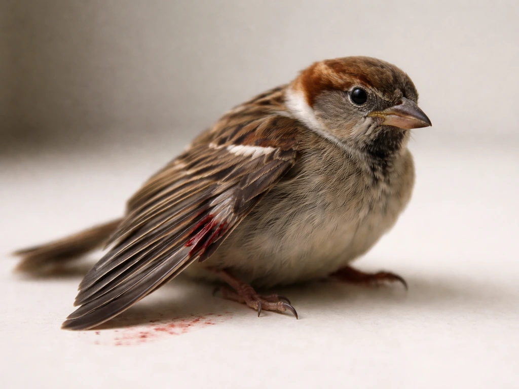 Close-up of a bird with one wing drooping awkwardly and minor visible blood, on a neutral surface