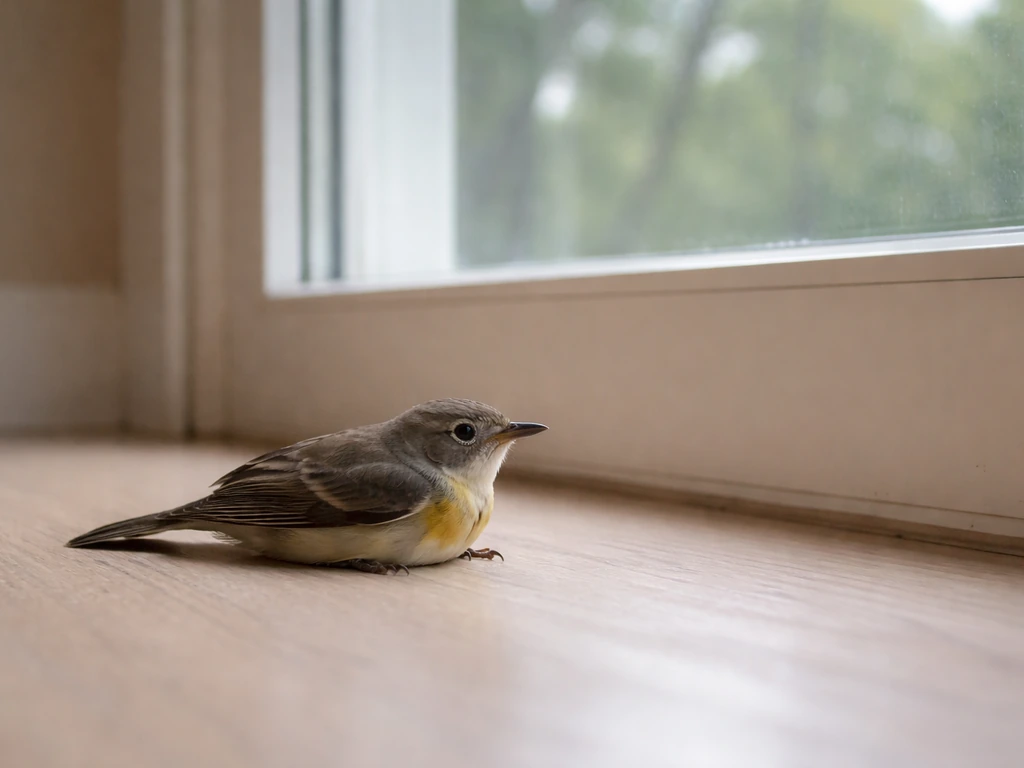A small bird appears stunned on the floor beneath a bright window after a collision.