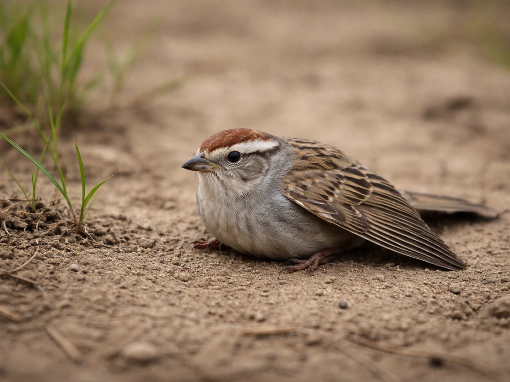 A small bird crouches low on the ground with one wing held differently, showing a survival posture