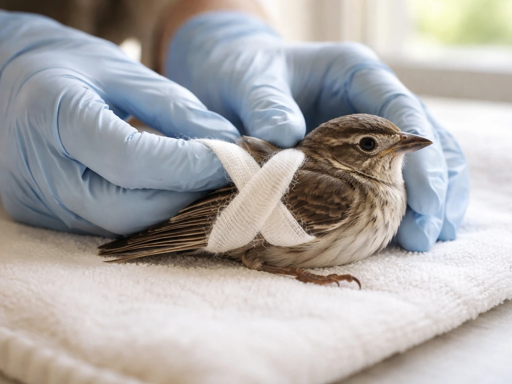 Close-up of a bird wing gently immobilized with soft wrap in a wildlife rehab setting