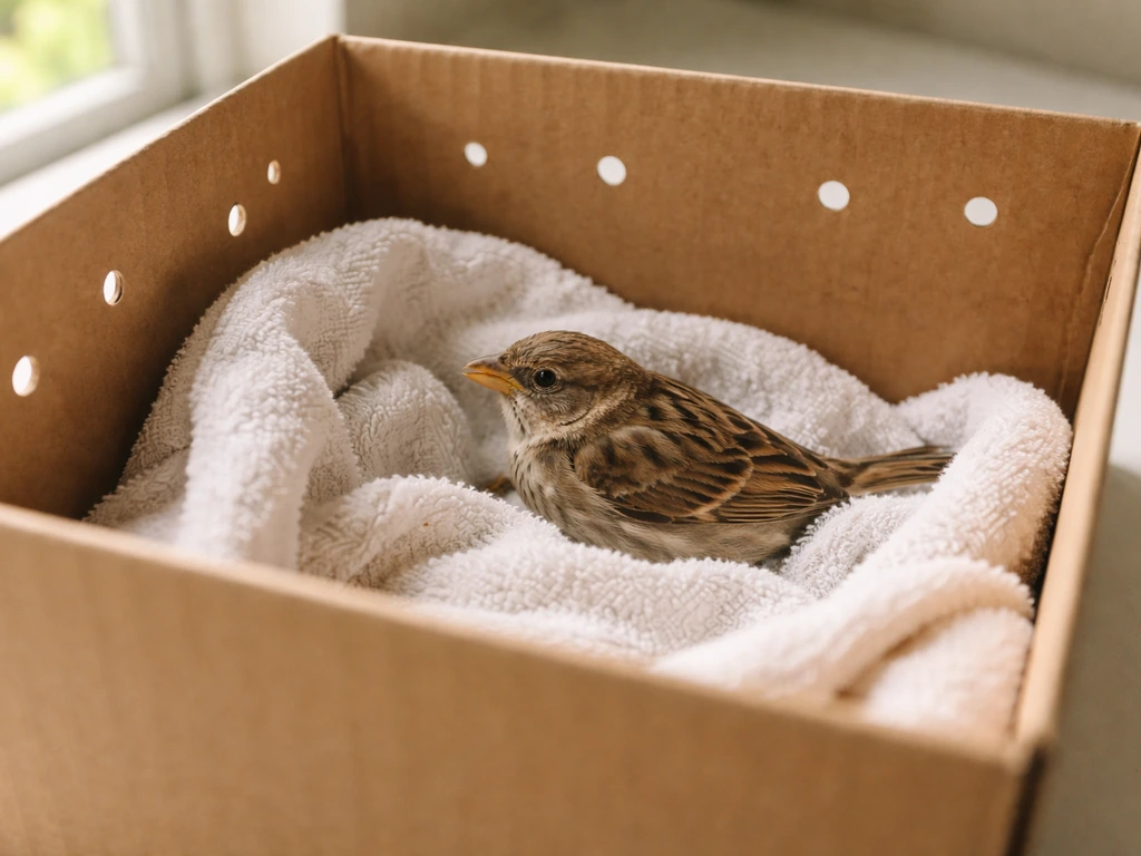 Injured small bird resting calmly in a ventilated cardboard box lined with a soft towel