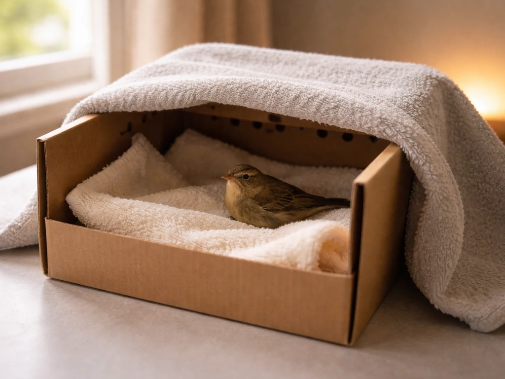 Small wild bird resting in a ventilated box with a towel over the top, warm and calm.