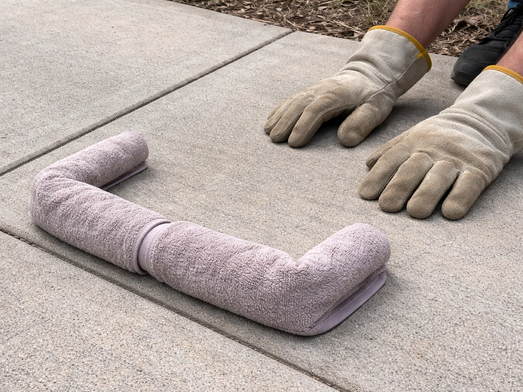 Thick work gloves and a folded towel barrier ready for safe handling of a distressed bird.