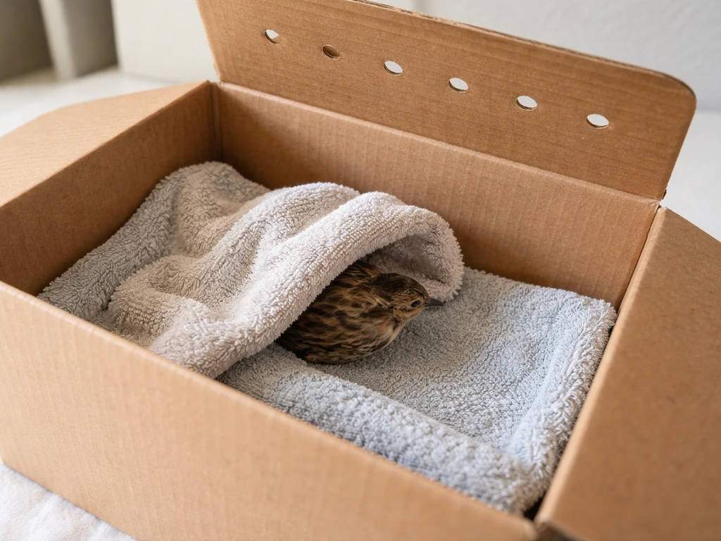 A small bird is placed in a ventilated towel-lined cardboard box with its head covered.