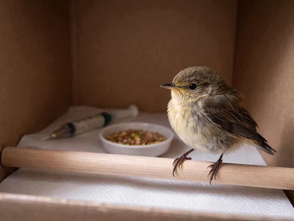 Small wild bird in a simple recovery box with a feeding syringe and food bowl kept away
