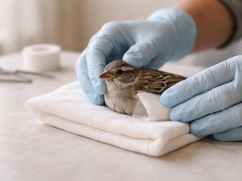 Gloved hands gently stabilizing a small injured bird on a folded cloth in a calm first-aid setting