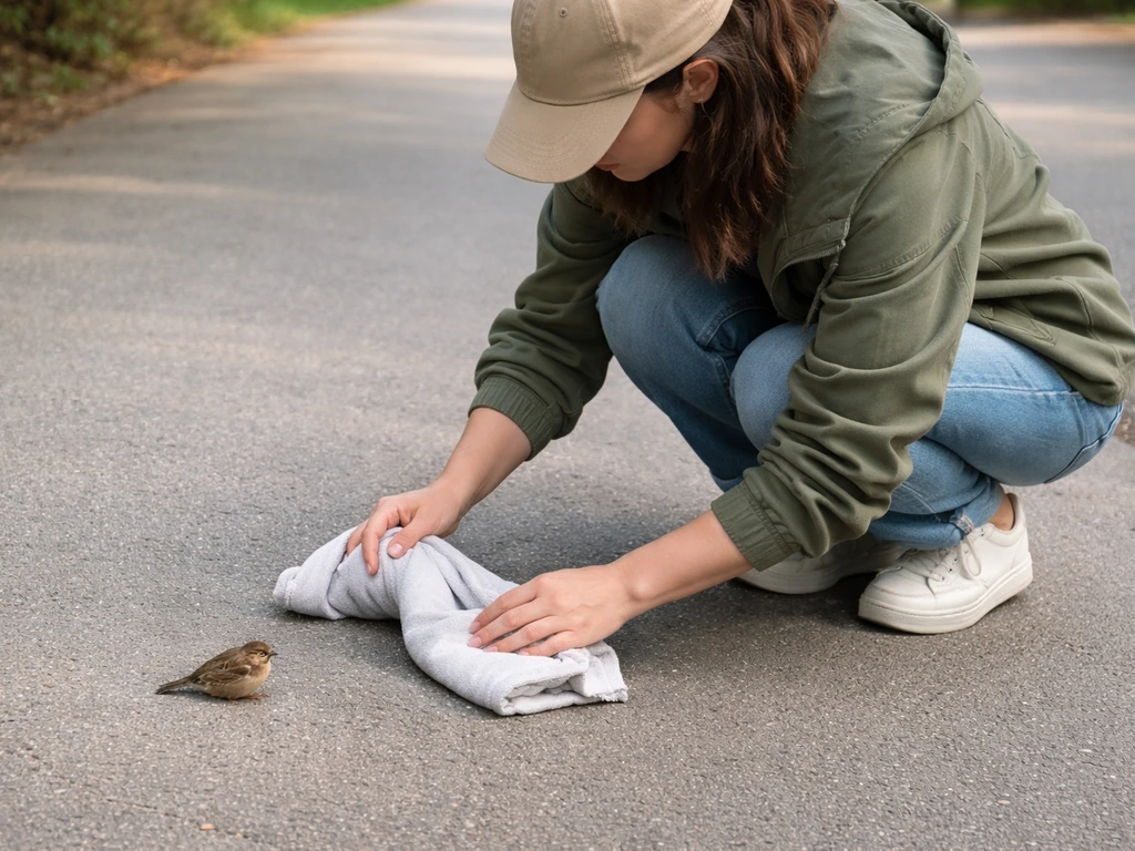 Crouching person gently preparing with a towel to safely handle a small bird without startling it.