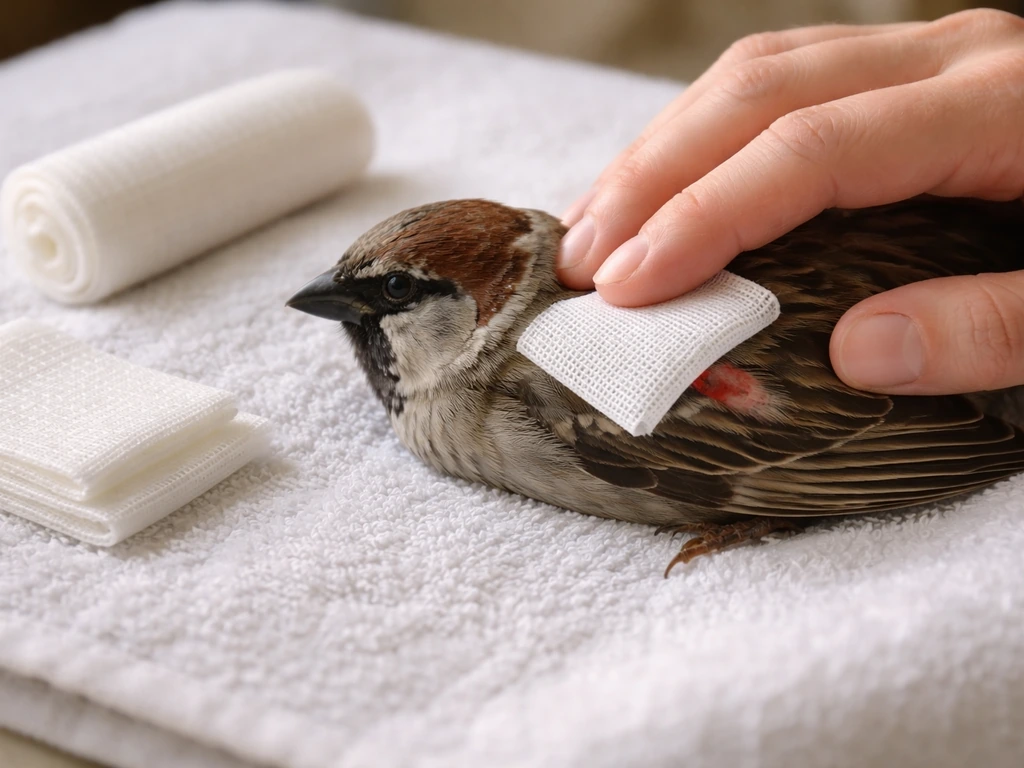 Folded gauze gently pressed on a small wound area on a bird’s wing, with clean supplies nearby.