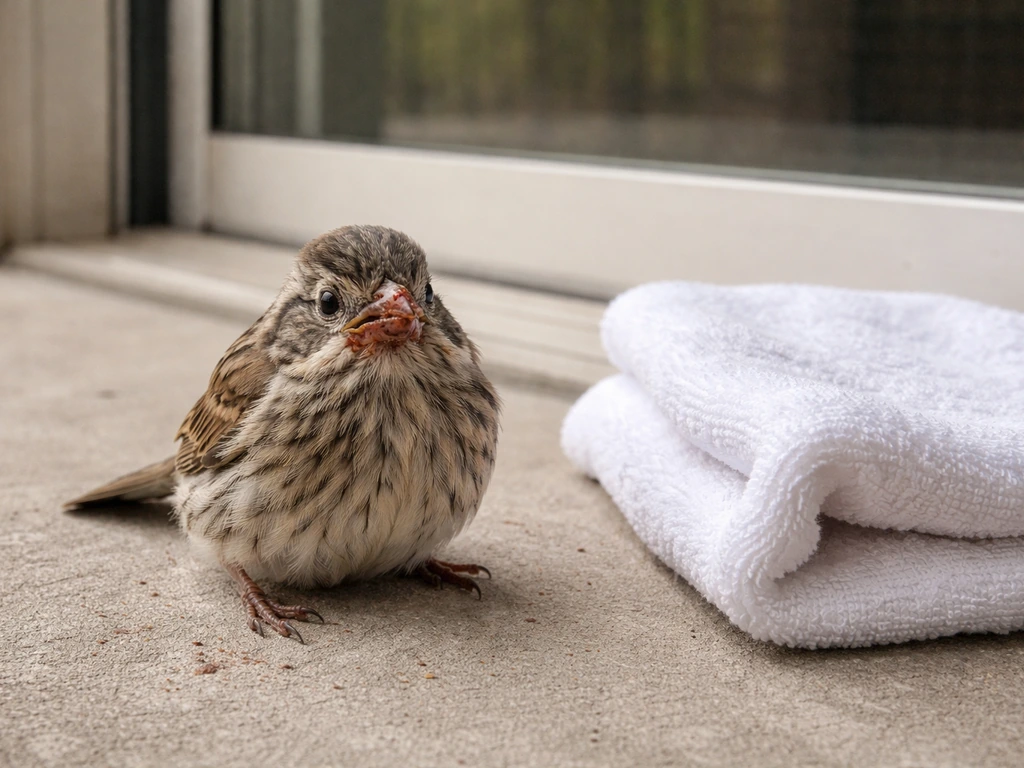 Small bird outside a window with speckled old blood around the beak, near a towel for containment