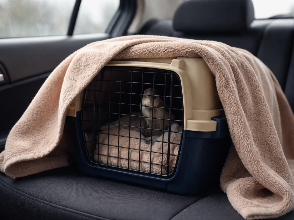 Warm towel-lined travel carrier partially covered, secured for a calm bird ride in a car.