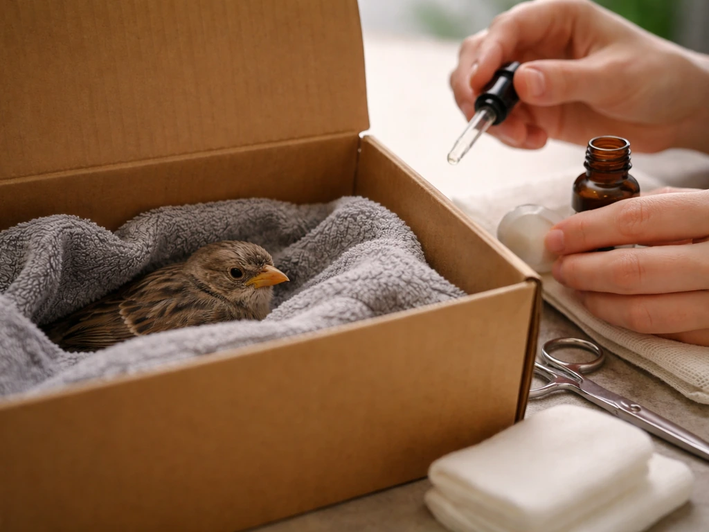Person’s hands preparing first aid for a small injured bird inside a warm cardboard box.