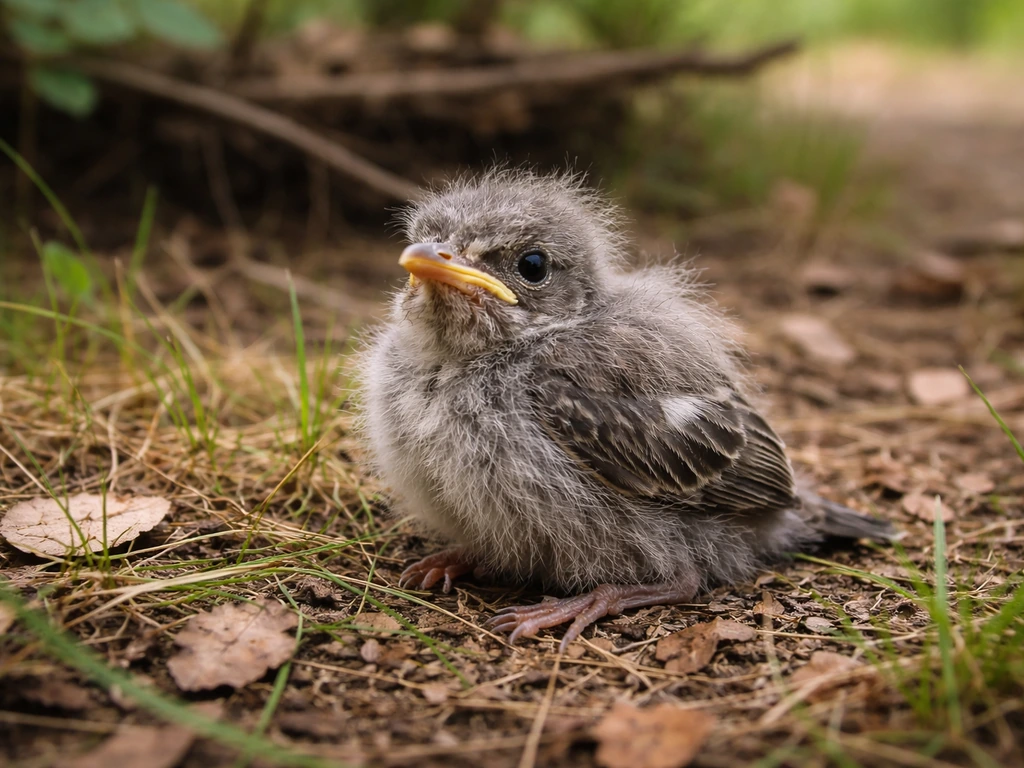 Young fledgling with sparse feathers on the ground near a low branch or nest, safe natural rescue context.