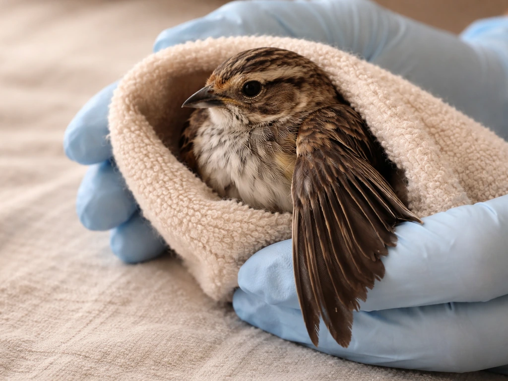 Injured small bird with a visibly drooping wing wrapped gently in a towel by gloved hands.